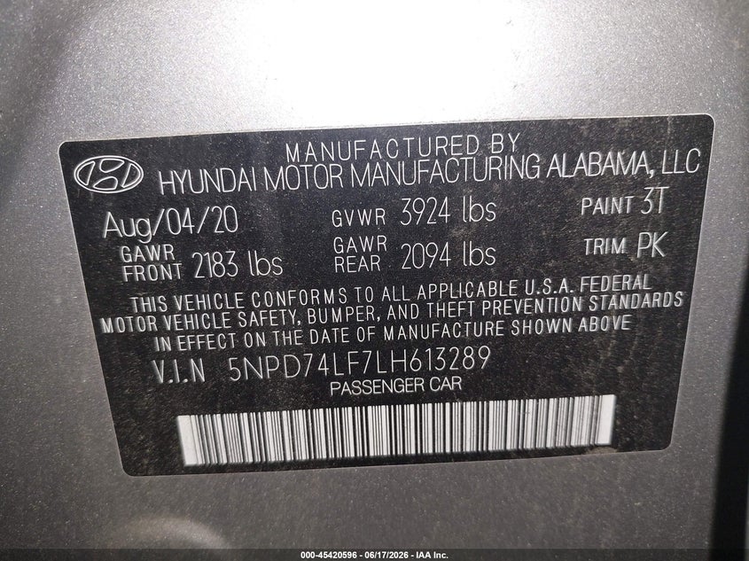 2020 Hyundai Elantra VIN 5NPD74LF7LH613289 IAAI salvage auction — NORMAL WEAR, Sf97 (New York), sold $7,450 on 2026-07-27 (photo 9)
