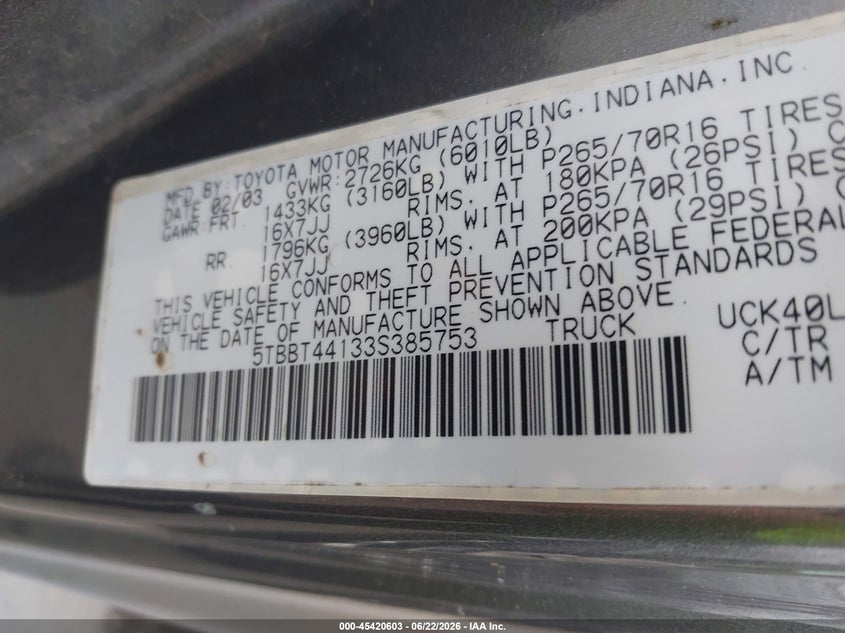 2003 Toyota Tundra VIN 5TBBT44133S385753 IAAI salvage auction — SIDE, Salvage (Ohio), sold $425 on 2026-07-28 (photo 9)