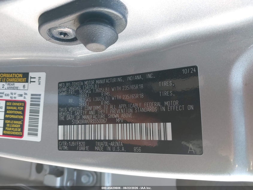 2024 Toyota Highlander VIN 5TDKDRAH7RS550067 IAAI salvage auction — LEFT SIDE, Salvage Title, sold $13,175 on 2026-07-29 (photo 9)