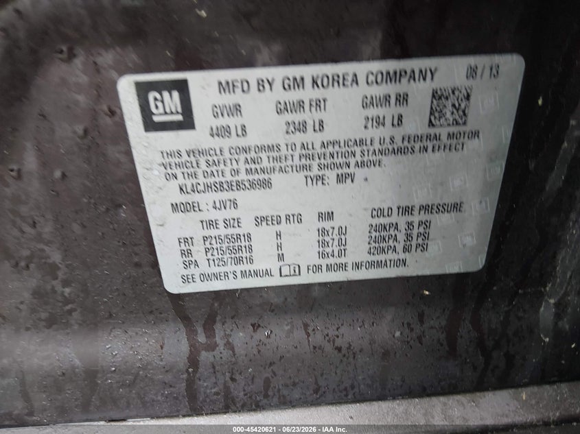 2014 Buick Encore VIN KL4CJHSB3EB536986 IAAI salvage auction — RIGHT SIDE, Salvage (Connecticut), sold $1,550 on 2026-07-09 (photo 9)