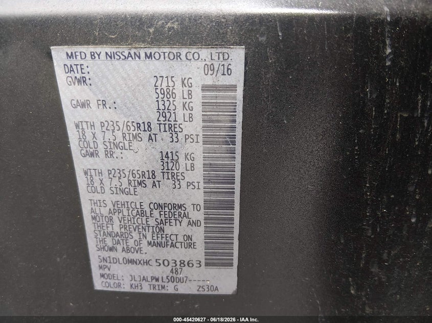 2017 Infiniti Qx60 VIN 5N1DL0MNXHC503863 IAAI salvage auction — NORMAL WEAR, Reconstructed (Louisiana), sold $1,150 on 2026-07-20 (photo 9)