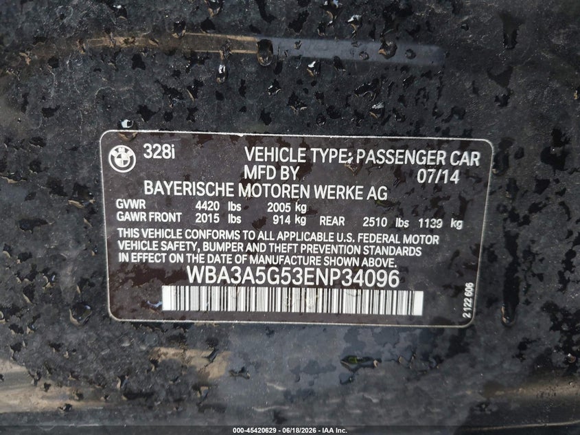 2014 BMW 3er VIN WBA3A5G53ENP34096 IAAI salvage auction — SIDE, Salvage Title, sold $1,350 on 2026-08-06 (photo 9)