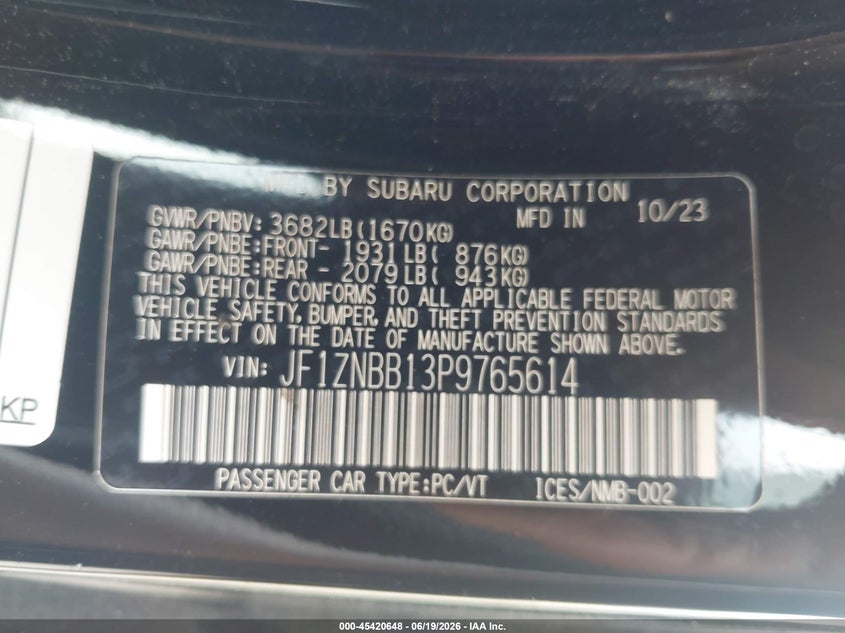 2023 Toyota Gr 86 VIN JF1ZNBB13P9765614 IAAI salvage auction — UNKNOWN, Salvage Title, sold $12,800 on 2026-08-05 (photo 9)