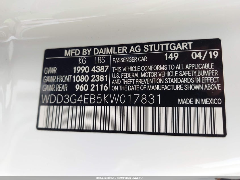 2019 Mercedes-benz A-klasse VIN WDD3G4EB5KW017831 IAAI salvage auction — REAR END, Salvage Title, sold $7,450 on 2026-08-12 (photo 9)