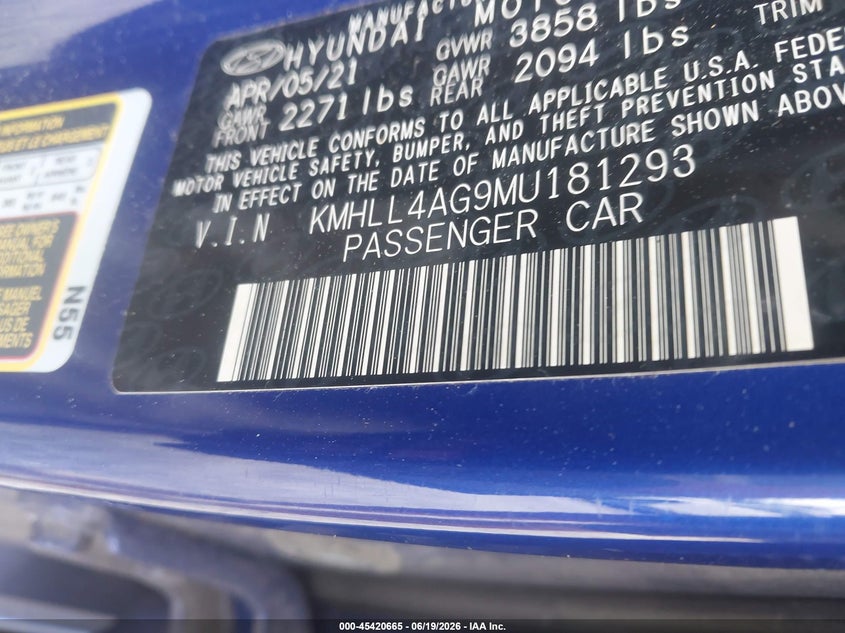 2021 Hyundai Elantra VIN KMHLL4AG9MU181293 IAAI salvage auction — REAR END, Mv-907A (New York), sold $3,500 on 2026-07-21 (photo 9)