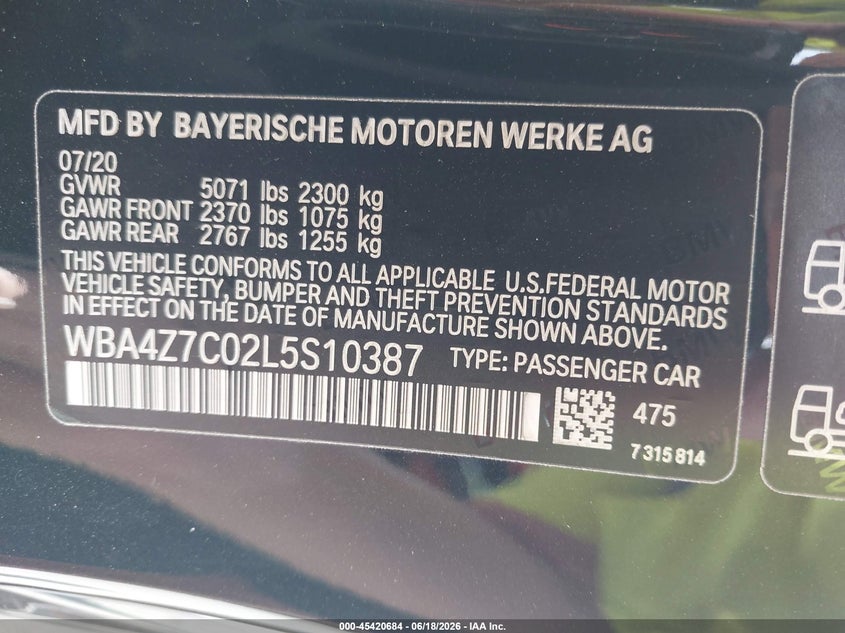 2020 BMW 4er VIN WBA4Z7C02L5S10387 IAAI salvage auction — REAR END, Salvage (Pennsylvania), sold $16,925 on 2026-07-15 (photo 9)