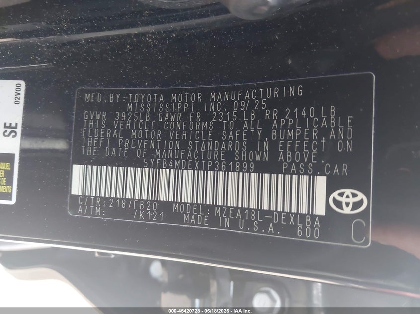 2026 Toyota Corolla VIN 5YFB4MDEXTP361899 IAAI salvage auction — RIGHT SIDE, Salvage Title, sold $5,450 on 2026-07-23 (photo 9)