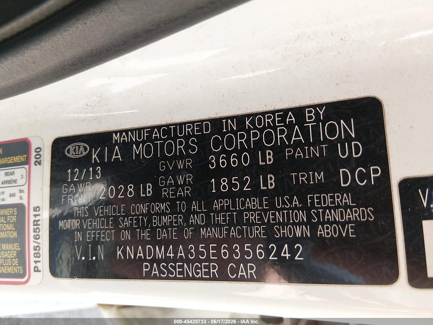 2014 Kia Rio VIN KNADM4A35E6356242 IAAI salvage auction — NORMAL WEAR, Salvage (Nebraska), sold $550 on 2026-07-30 (photo 9)