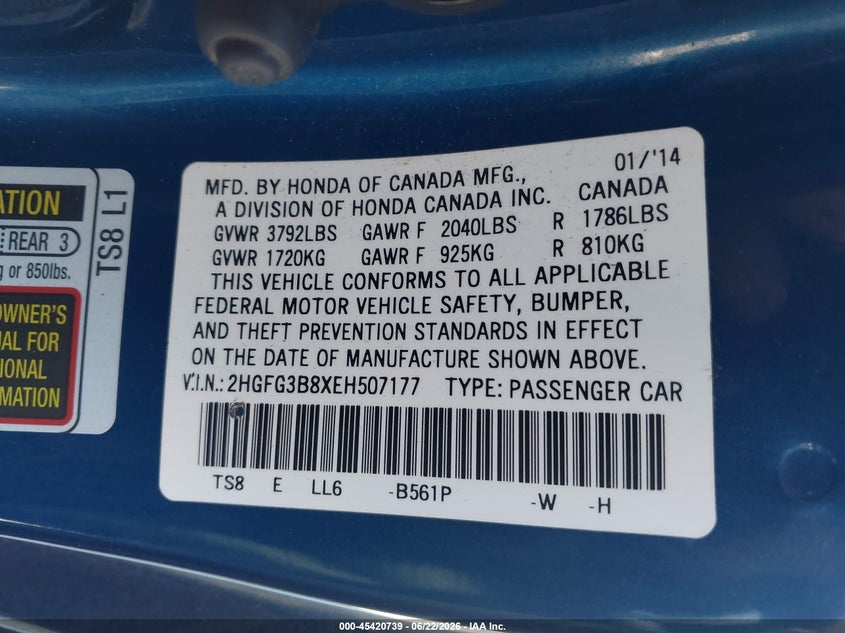 2014 Honda Civic VIN 2HGFG3B8XEH507177 IAAI salvage auction — FRONT END, Salvage (California), sold $1,700 on 2026-07-09 (photo 9)