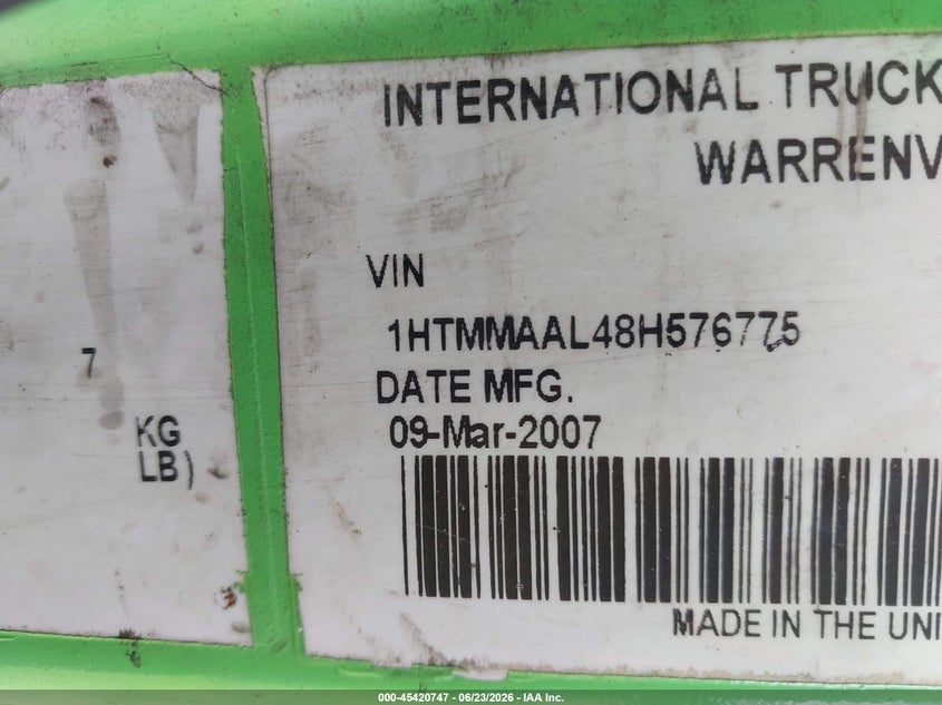 2008 International 4000 series VIN 1HTMMAAL48H576775 IAAI salvage auction — FRONT END, Clear (Florida), sold $25 on 2026-07-30 (photo 8)