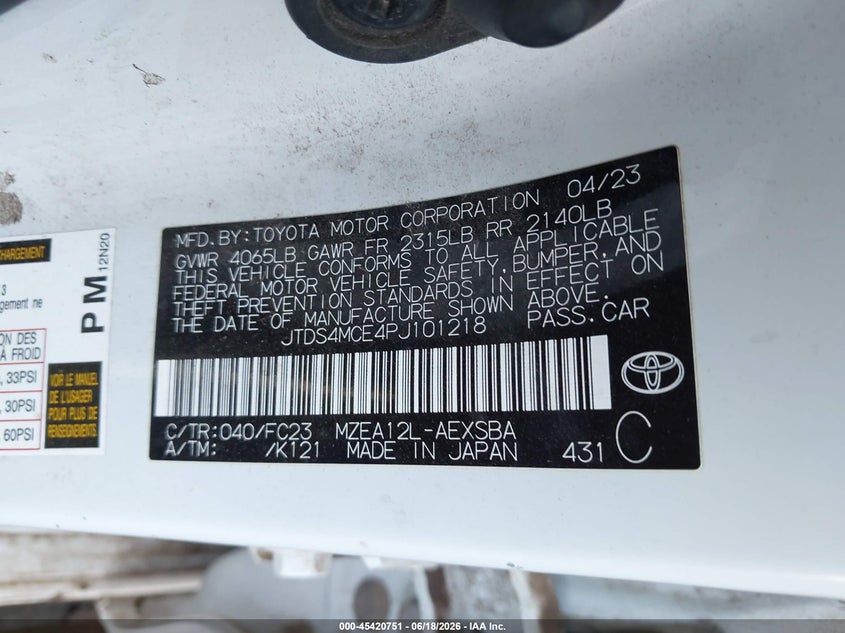 2023 Toyota Corolla VIN JTDS4MCE4PJ101218 IAAI salvage auction — RIGHT FRONT, Salvage Title, sold $4,350 on 2026-09-03 (photo 9)