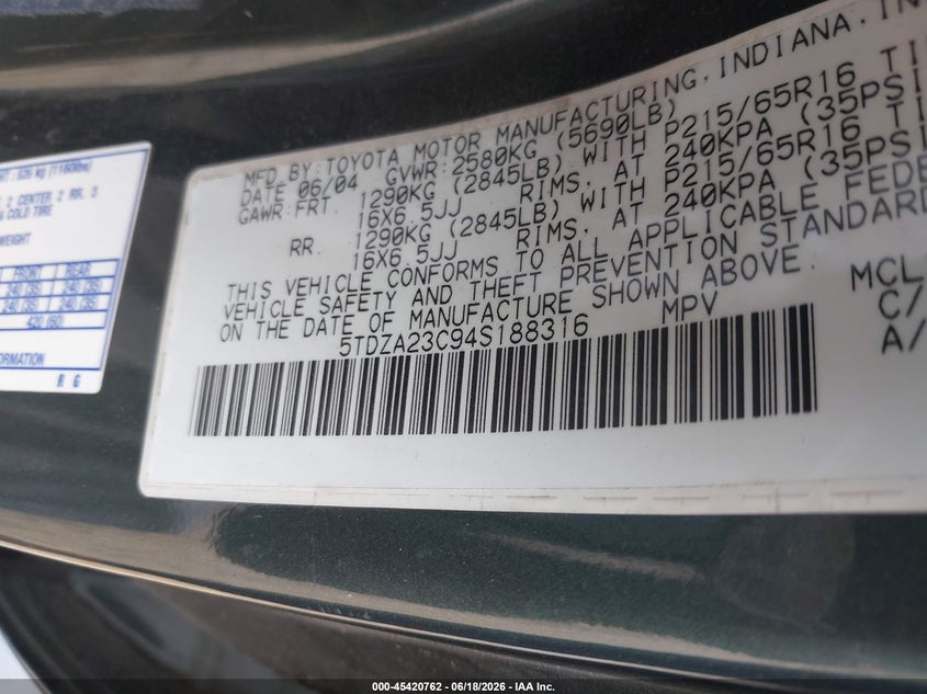 2004 Toyota Sienna VIN 5TDZA23C94S188316 IAAI salvage auction — REAR END, Clear (Virginia), sold $675 on 2026-07-20 (photo 9)
