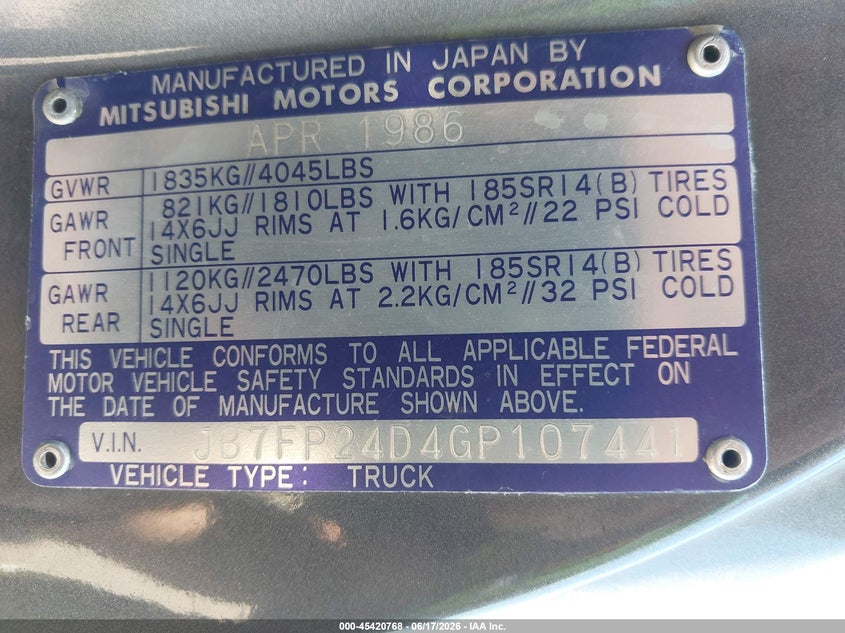 1986 Dodge D50 VIN JB7FP24D4GP107441 IAAI salvage auction — NORMAL WEAR, Clear - Dealer Only (California), sold $550 on 2026-07-08 (photo 9)