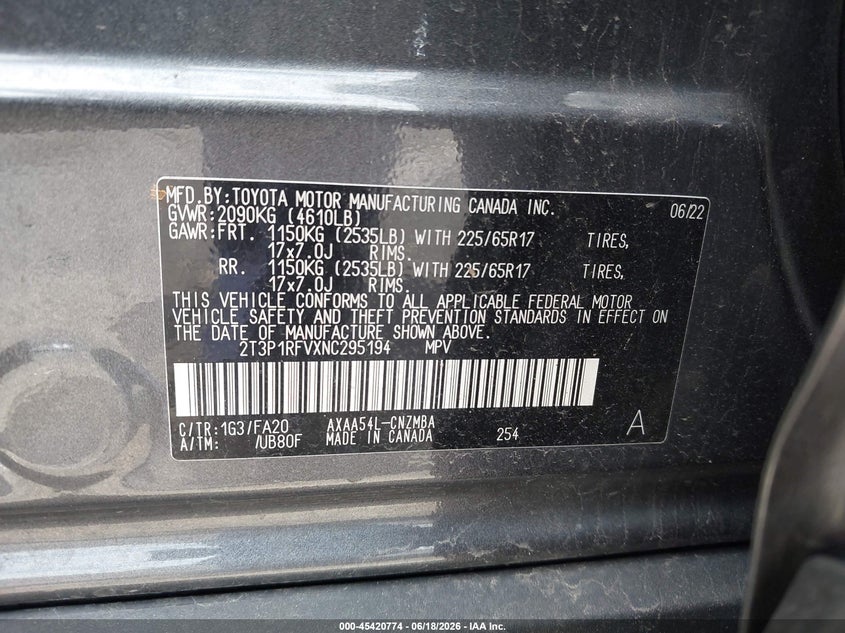 2022 Toyota Rav 4 VIN 2T3P1RFVXNC295194 IAAI salvage auction — FRONT END, Salvage Title, sold $7,000 on 2026-07-31 (photo 9)