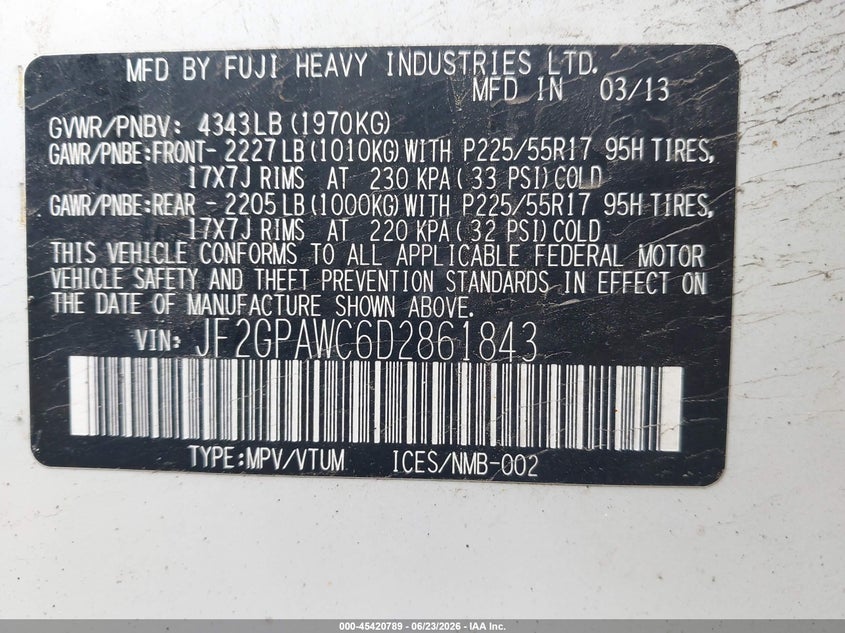 2013 Subaru VIN JF2GPAWC6D2861843 IAAI salvage auction — NORMAL WEAR, Clear (New York), sold $550 on 2026-07-16 (photo 9)