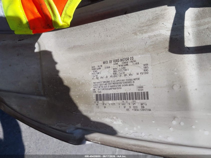2008 Ford Ranger VIN 1FTYR10D28PA81510 IAAI salvage auction — NORMAL WEAR, Non-Repairable (California), sold $225 on 2026-07-09 (photo 9)