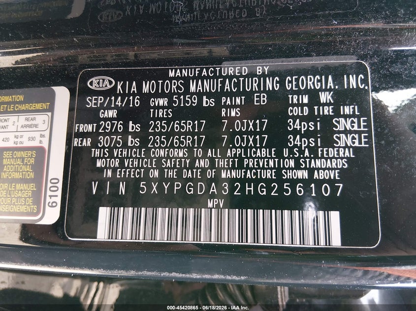 2017 Kia Sorento VIN 5XYPGDA32HG256107 IAAI salvage auction — NORMAL WEAR, Clear (Maryland), sold $1,650 on 2026-07-08 (photo 9)