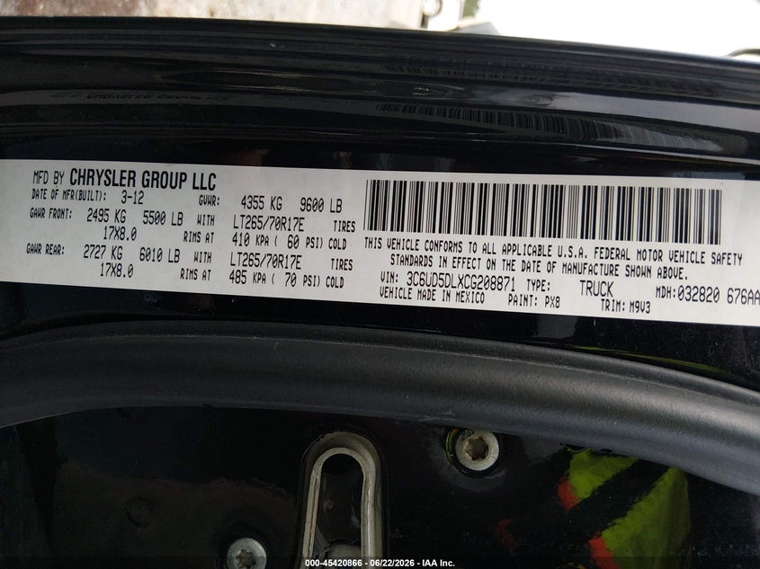 2012 Ram 2500 VIN 3C6UD5DLXCG208871 IAAI salvage auction — FRONT END, Salvage Title, sold $3,000 on 2026-08-20 (photo 9)