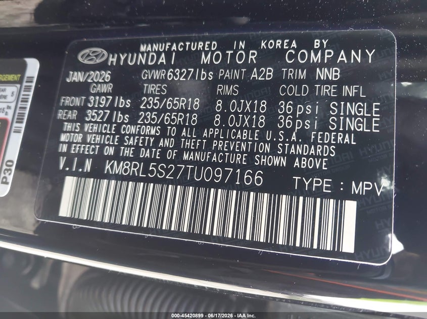 2026 Hyundai Palisade VIN KM8RL5S27TU097166 IAAI salvage auction — FRONT END, Clear (South Carolina), sold $17,925 on 2026-07-29 (photo 9)