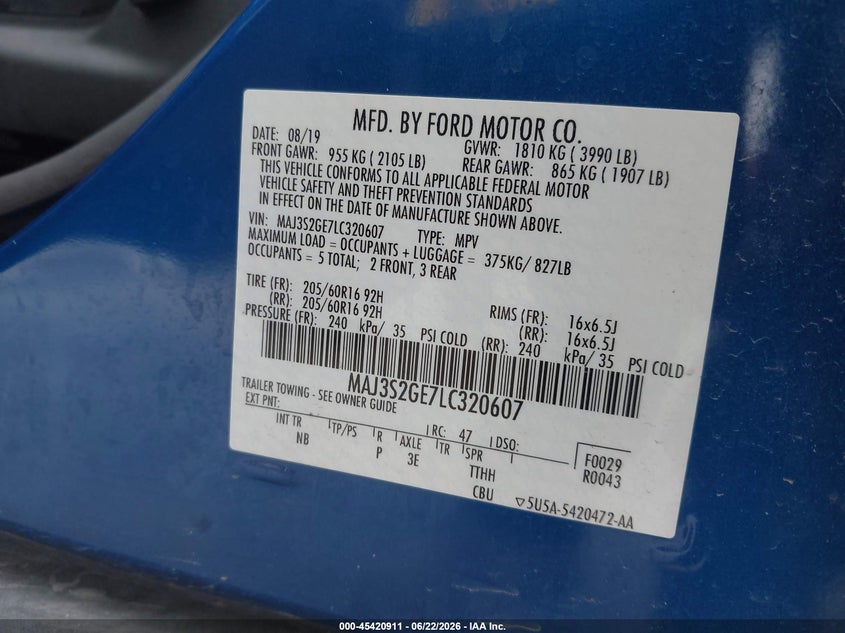 2020 Ford Ecosport VIN MAJ3S2GE7LC320607 IAAI salvage auction — FRONT END, Salvage (Missouri), sold $625 on 2026-07-28 (photo 9)