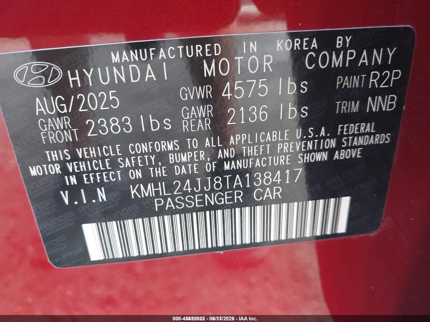 2026 Hyundai Sonata hybrid VIN KMHL24JJ8TA138417 IAAI salvage auction — FRONT & REAR, Rebuildable (Florida), sold $7,725 on 2026-07-22 (photo 9)