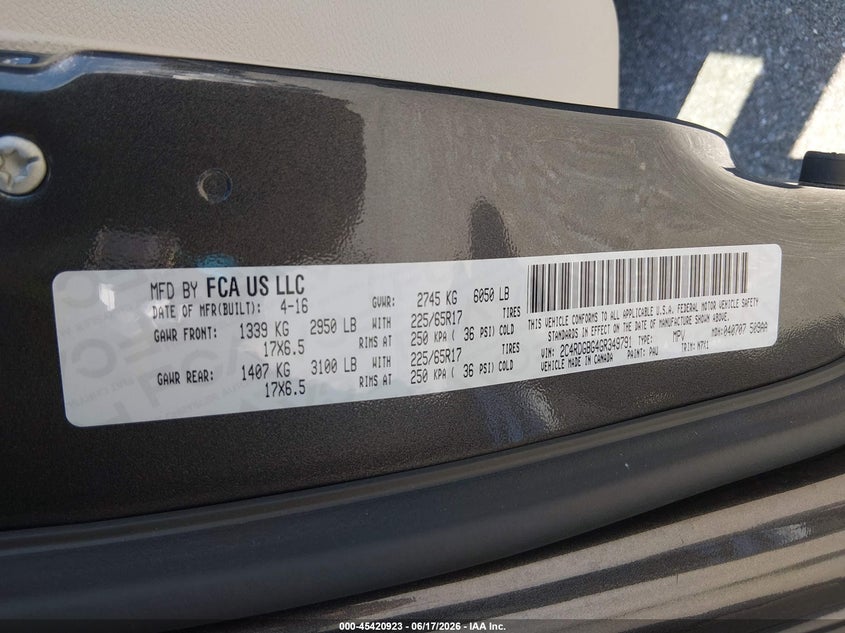 2016 Dodge Grand caravan VIN 2C4RDGBG4GR349791 IAAI salvage auction — NORMAL WEAR, Sf97 (Maryland), sold $13,225 on 2026-08-18 (photo 9)