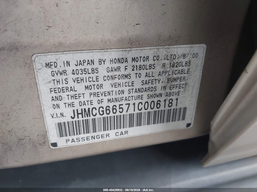 2001 Honda Accord VIN JHMCG66571C006181 IAAI salvage auction — SIDE, Salvage (California), sold $475 on 2026-07-09 (photo 9)
