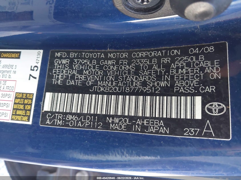 2008 Toyota Prius VIN JTDKB20U187779512 IAAI salvage auction — FRONT END, Clear (Virginia), sold $25 on 2026-07-28 (photo 9)
