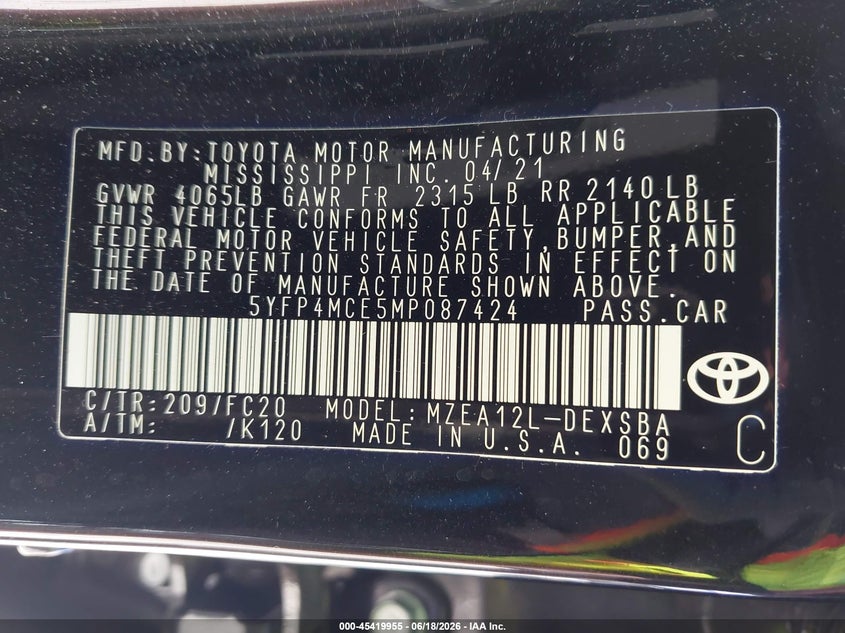 2021 Toyota Corolla VIN 5YFP4MCE5MP087424 IAAI salvage auction — REAR END, Bill Of Sale (Washington), sold $5,300 on 2026-07-22 (photo 9)