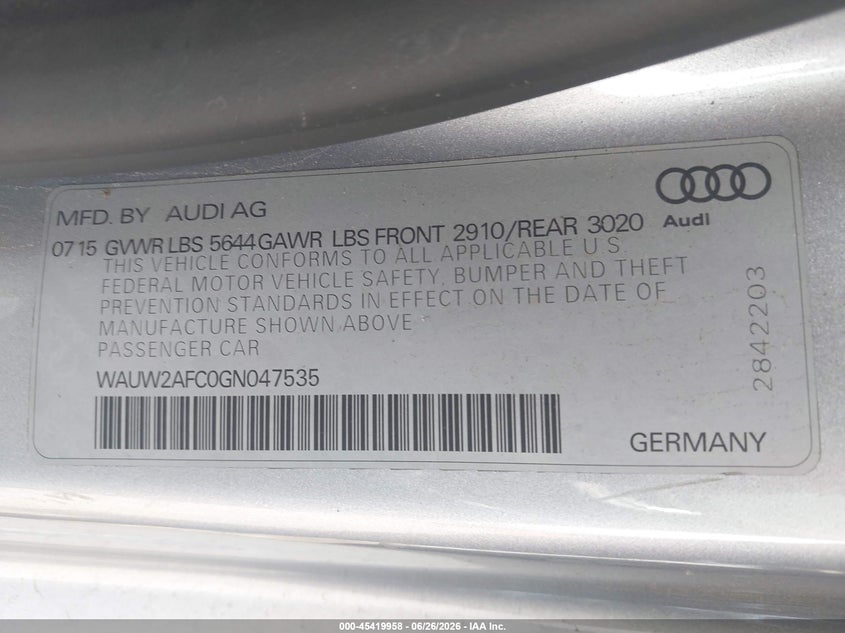 2016 Audi S7 VIN WAUW2AFC0GN047535 IAAI salvage auction — FRONT END, Salvage - Greater Than 75% (Maryland), sold $2,450 on 2026-07-28 (photo 9)