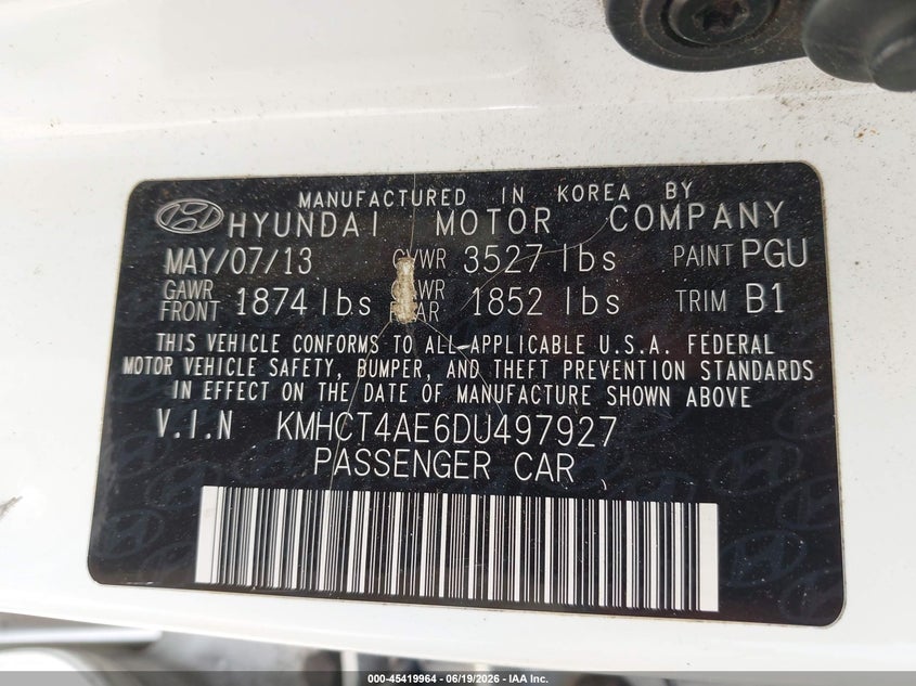 2013 Hyundai Accent VIN KMHCT4AE6DU497927 IAAI salvage auction — REAR END, Salvage (Texas), sold $925 on 2026-07-16 (photo 9)