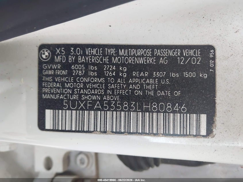 2003 BMW X5 VIN 5UXFA53583LH80846 IAAI salvage auction — NORMAL WEAR, Clear (New Jersey), sold $425 on 2026-07-16 (photo 9)