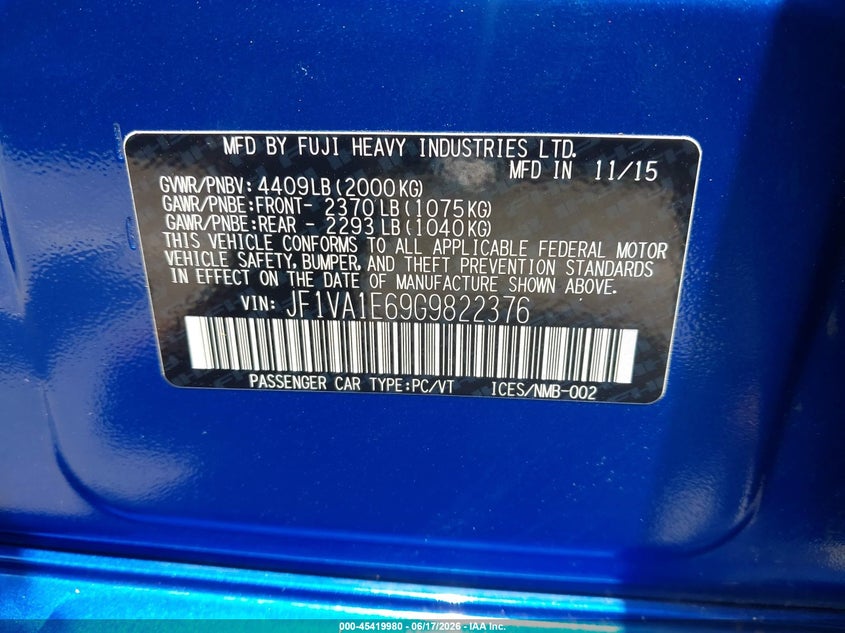 2016 Subaru Wrx VIN JF1VA1E69G9822376 IAAI salvage auction — NORMAL WEAR, Clear-Dealer Only (West Virginia), sold $4,100 on 2026-07-09 (photo 9)