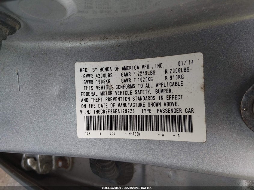2014 Honda Accord VIN 1HGCR2F36EA129928 IAAI salvage auction — RIGHT FRONT, Mv-907A (New York), sold $1,950 on 2026-07-23 (photo 9)