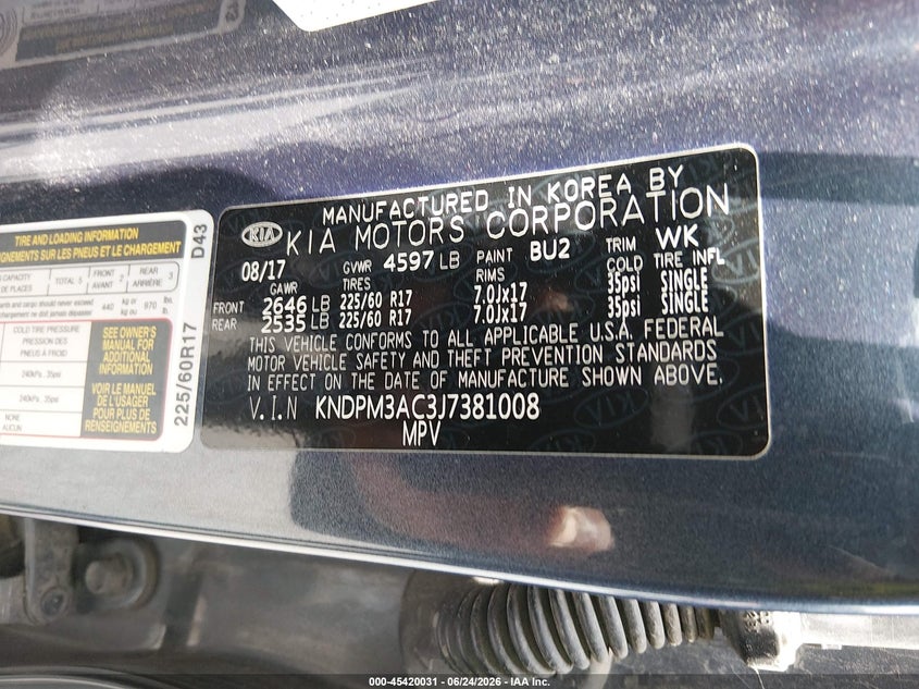 2018 Kia Sportage VIN KNDPM3AC3J7381008 IAAI salvage auction — RIGHT FRONT, Salvage (Illinois), sold $25 on 2026-07-28 (photo 9)