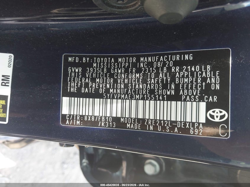 2021 Toyota Corolla VIN 5YFVPMAE3MP155141 IAAI salvage auction — LEFT SIDE, Salvage Title, sold $5,100 on 2026-07-28 (photo 9)
