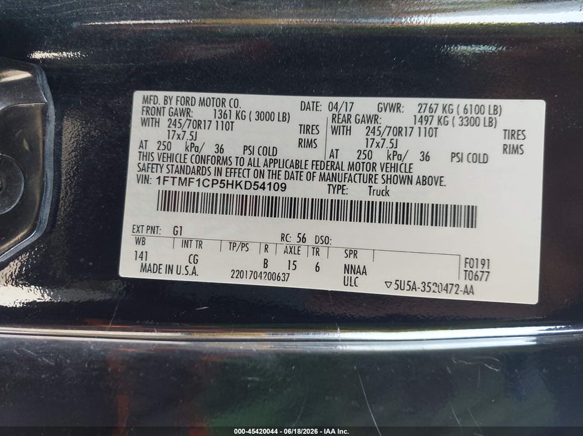 2017 Ford F-150 VIN 1FTMF1CP5HKD54109 IAAI salvage auction — FRONT END, Salvage (California), sold $3,975 on 2026-07-09 (photo 9)