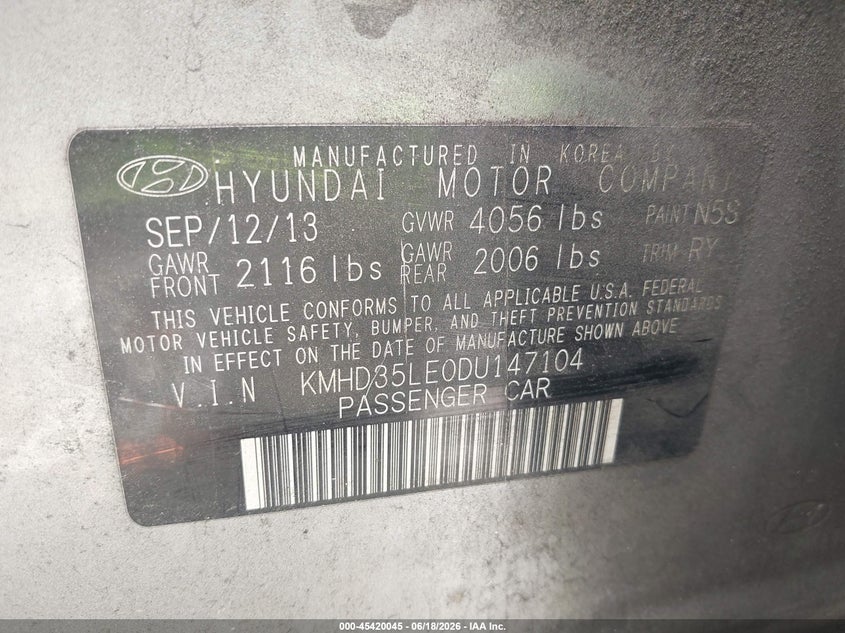 2013 Hyundai Elantra VIN KMHD35LE0DU147104 IAAI salvage auction — FRONT END, Rebuildable (Florida), sold $675 on 2026-07-16 (photo 9)