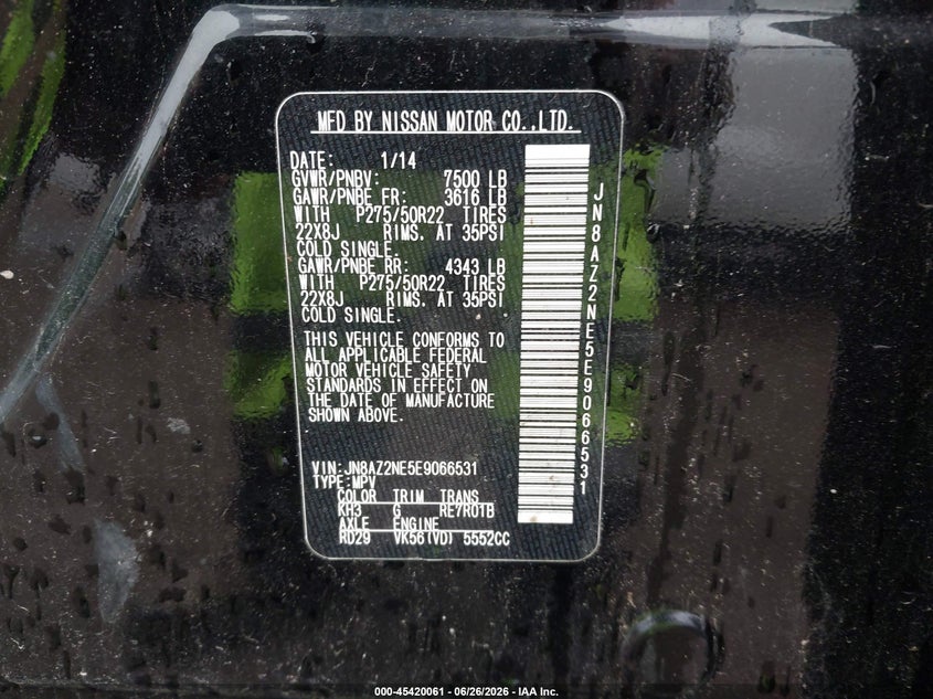 2014 Infiniti Qx80 VIN JN8AZ2NE5E9066531 IAAI salvage auction — ENGINE DAMAGE, Salvage (Ohio), sold $700 on 2026-07-23 (photo 9)