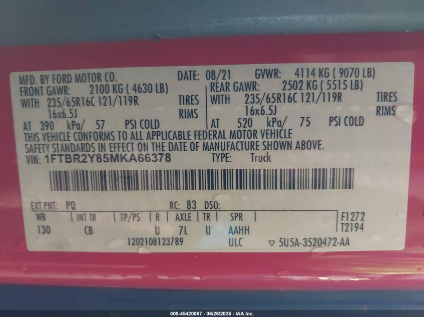 2021 Ford Transit-250 VIN 1FTBR2Y85MKA66378 IAAI salvage auction — NORMAL WEAR, Sf97 (Michigan), sold $14,050 on 2026-08-11 (photo 9)
