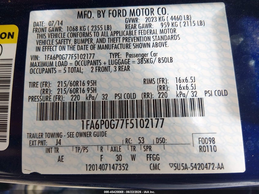 2015 Ford Fusion VIN 1FA6P0G77F5102177 IAAI salvage auction — SIDE, Salvage (Missouri), sold $650 on 2026-07-18 (photo 9)