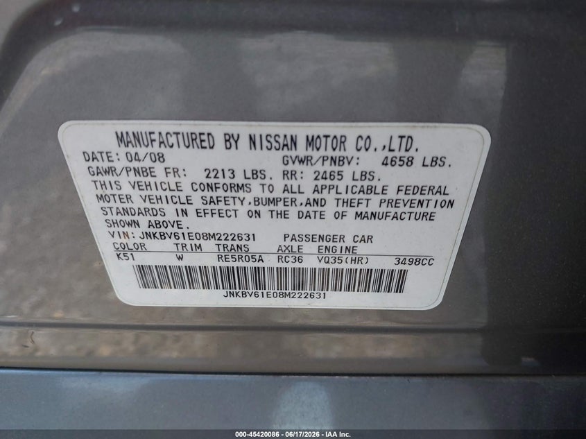 2008 Infiniti G35 VIN JNKBV61E08M222631 IAAI salvage auction — NORMAL WEAR, Clear (Tennessee), sold $550 on 2026-07-09 (photo 9)