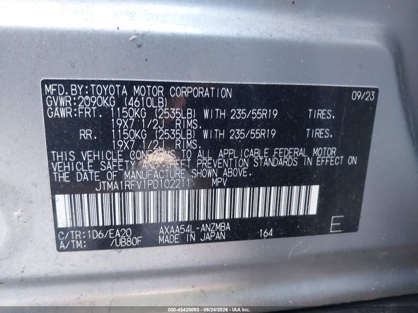 2023 Toyota Rav 4 VIN JTMA1RFV1PD102211 IAAI salvage auction — UNDERCARRIAGE, Salvage (Massachusetts), sold $25 on 2026-07-24 (photo 9)