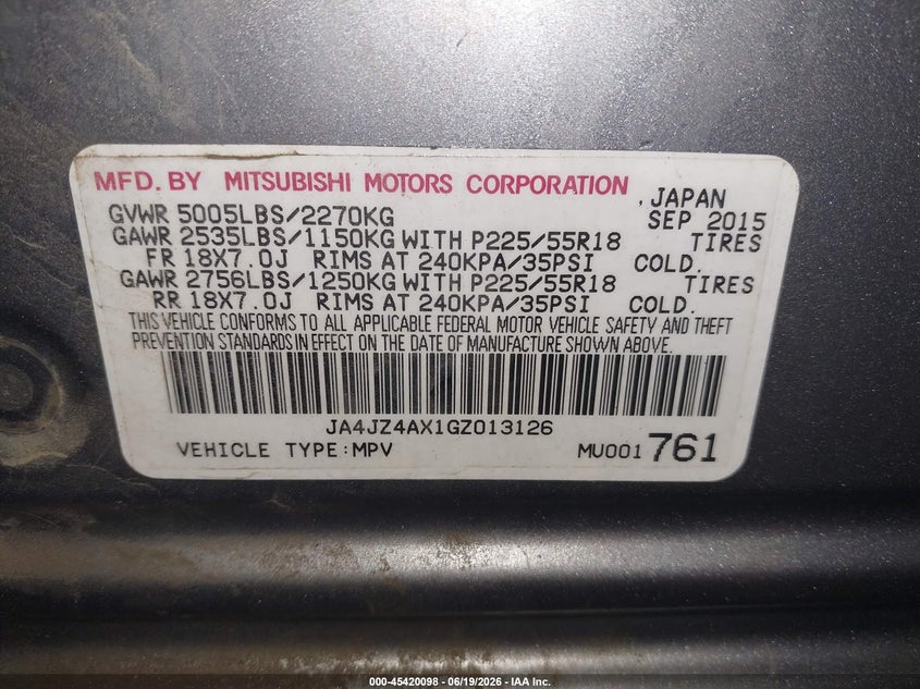 2016 Mitsubishi Outlander VIN JA4JZ4AX1GZ013126 IAAI salvage auction — FRONT END, Wait Title, sold $625 on 2026-09-26 (photo 9)