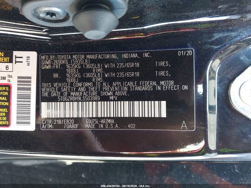 2020 Toyota Highlander VIN 5TDGZRBH9LS503989 IAAI salvage auction — RIGHT SIDE, Salvage Title (New York), sold $20,300 on 2026-07-06 (photo 9)