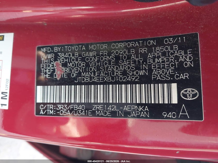 2011 Toyota Corolla VIN JTDBU4EEXBJ102492 IAAI salvage auction — NORMAL WEAR, Clear (New Hampshire), sold $1,325 on 2026-07-28 (photo 9)