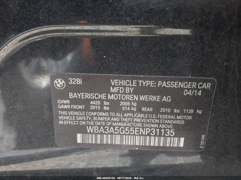 2014 BMW VIN WBA3A5G55ENP31135 IAAI salvage auction — NORMAL WEAR, Clear (Georgia), sold $200 on 2026-07-28 (photo 9)