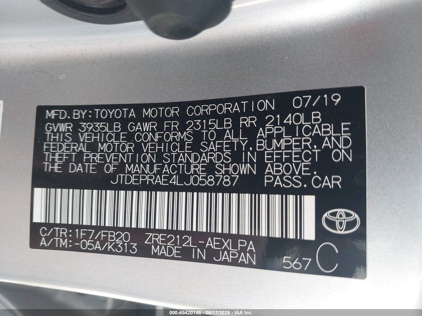 2020 Toyota Corolla VIN JTDEPRAE4LJ058787 IAAI salvage auction — REAR END, Salvage (California), sold $5,800 on 2026-07-14 (photo 9)