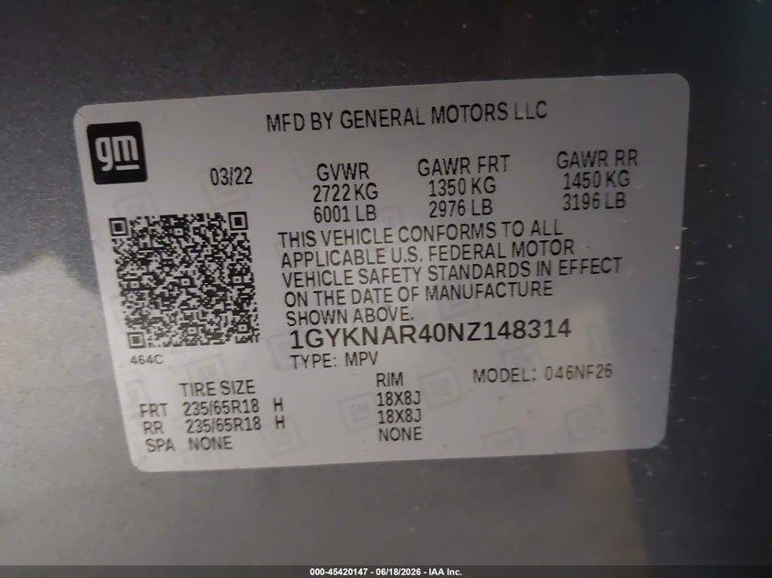 2022 Cadillac Xt5 VIN 1GYKNAR40NZ148314 IAAI salvage auction — REAR END, Salvage Title, sold $7,500 on 2026-07-27 (photo 9)