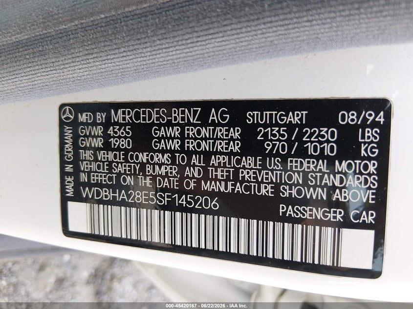 1995 Mercedes-benz C class VIN WDBHA28E5SF145206 IAAI salvage auction — NORMAL WEAR, Clear (Pennsylvania), sold $425 on 2026-07-13 (photo 9)